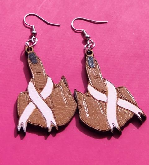 "F" Cancer Hand with Nail Ribbon Earrings