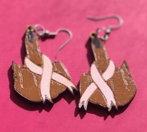 "F" Cancer Hand with Nail Ribbon Earrings